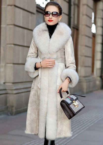 Khaki Fox Collar Cinched Fuzzy Rabbit Leather and Fur Coats Winter
