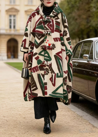 Khaki Hooded Jacquard Chinese Button Woolen Coats Winter