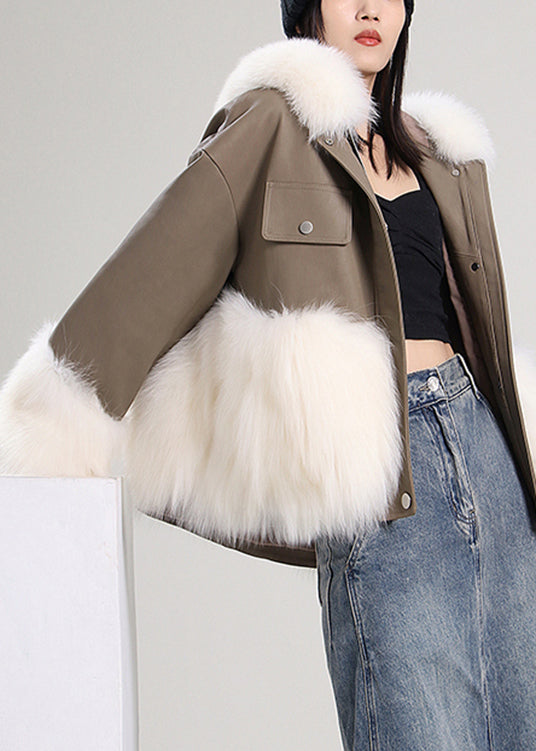 Khaki Hooded Patchwork Faux Leather Coat Winter
