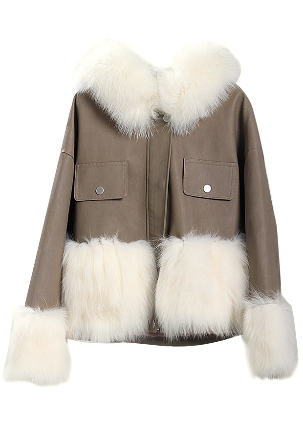 Khaki Hooded Patchwork Faux Leather Coat Winter