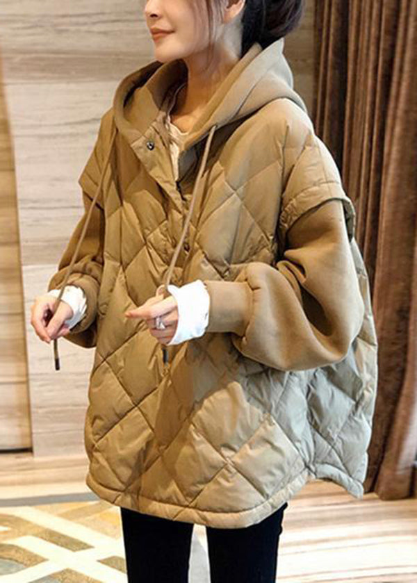 Khaki Hooded Patchwork Fine Cotton Filled Sweatshirt Winter