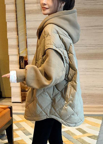 Khaki Hooded Patchwork Fine Cotton Filled Sweatshirt Winter