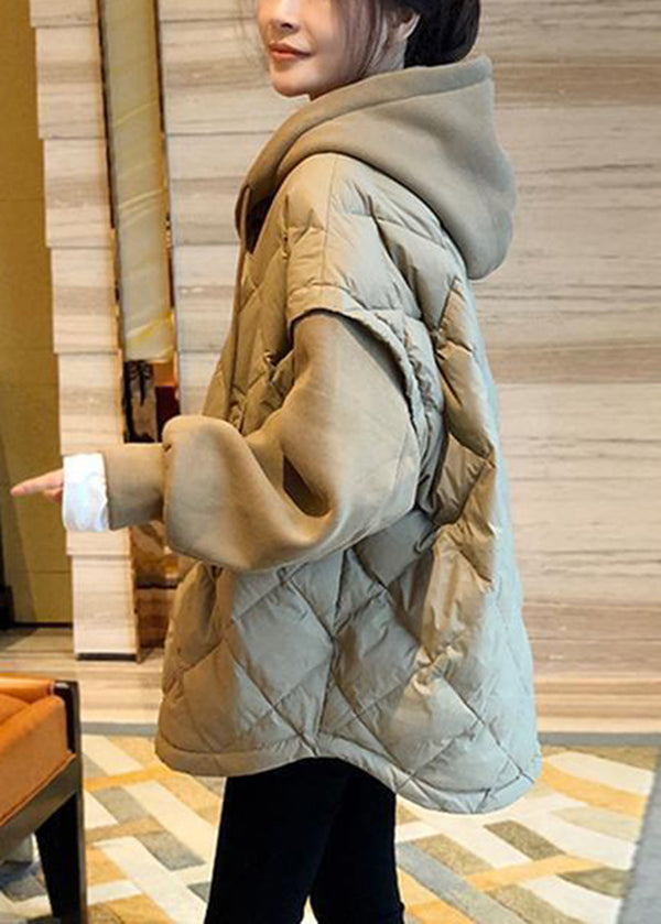 Khaki Hooded Patchwork Fine Cotton Filled Sweatshirt Winter