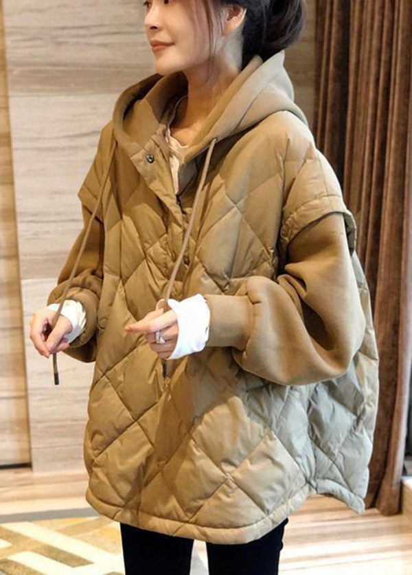 Khaki Hooded Patchwork Fine Cotton Filled Sweatshirt Winter