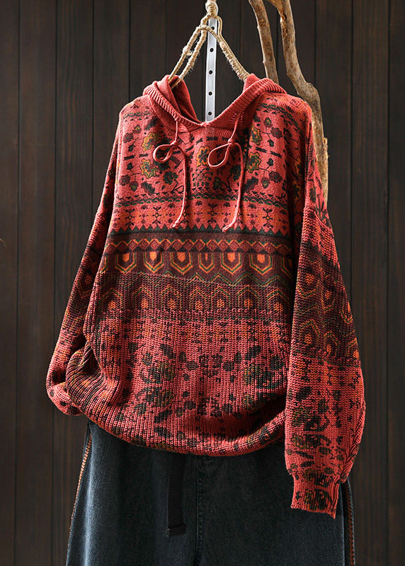 Khaki Hooded Print Cotton Knit Sweater Tops Spring