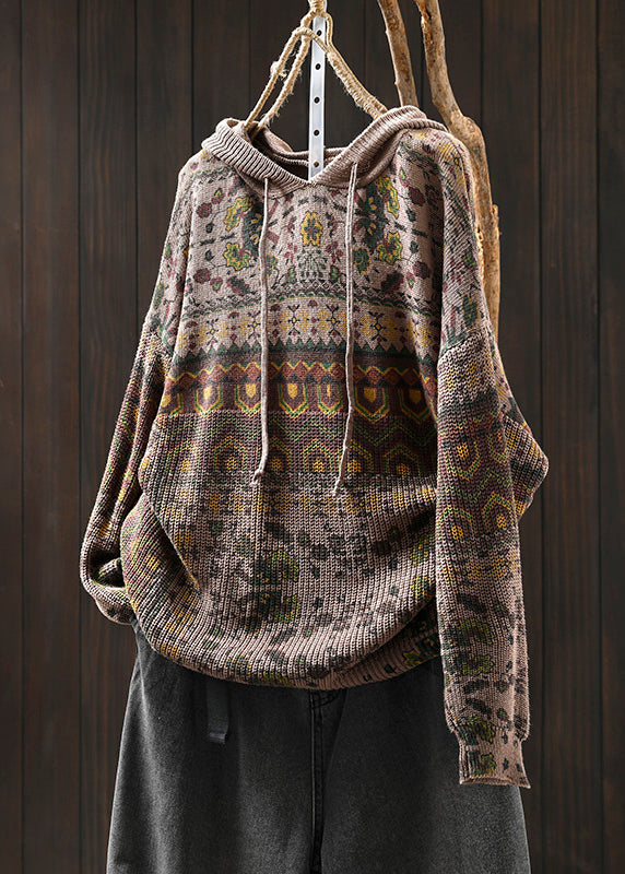 Khaki Hooded Print Cotton Knit Sweater Tops Spring