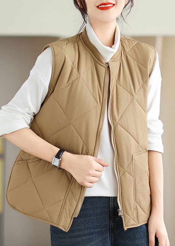 Khaki O-neck Pockets Patchwork Parka Winter