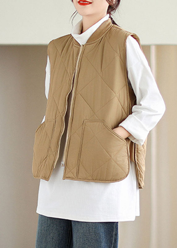 Khaki O-neck Pockets Patchwork Parka Winter