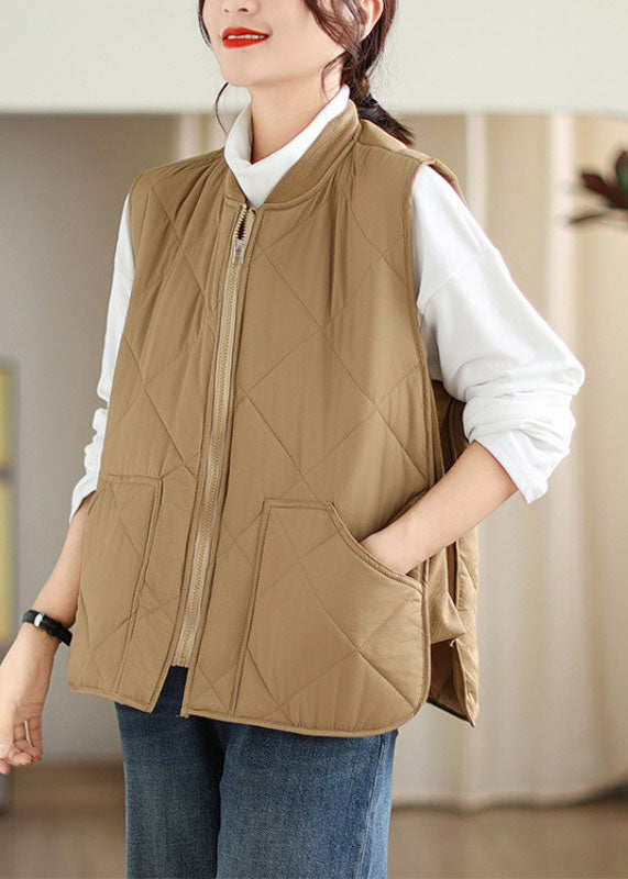 Khaki O-neck Pockets Patchwork Parka Winter