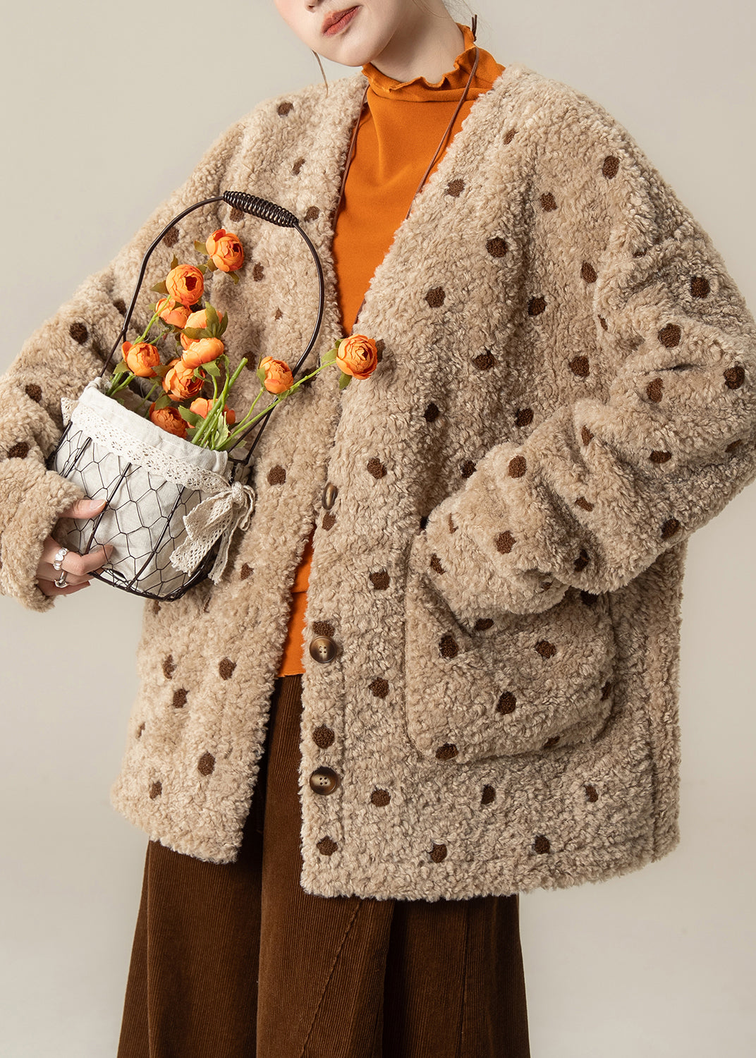 Khaki Oversized Jacquard Warm Faux Wool Jackets Winter