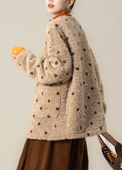 Khaki Oversized Jacquard Warm Faux Wool Jackets Winter