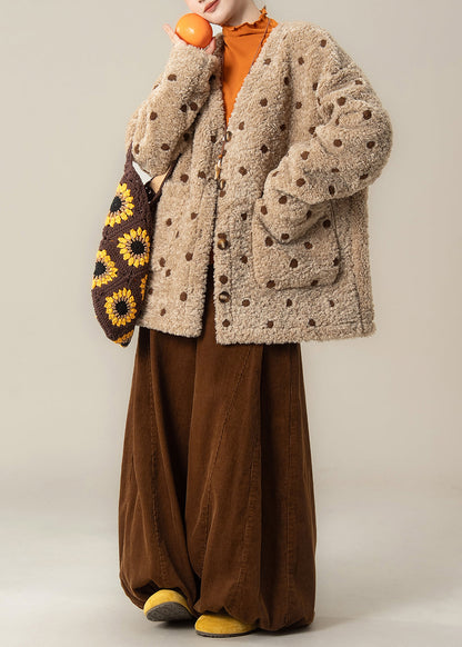 Khaki Oversized Jacquard Warm Faux Wool Jackets Winter