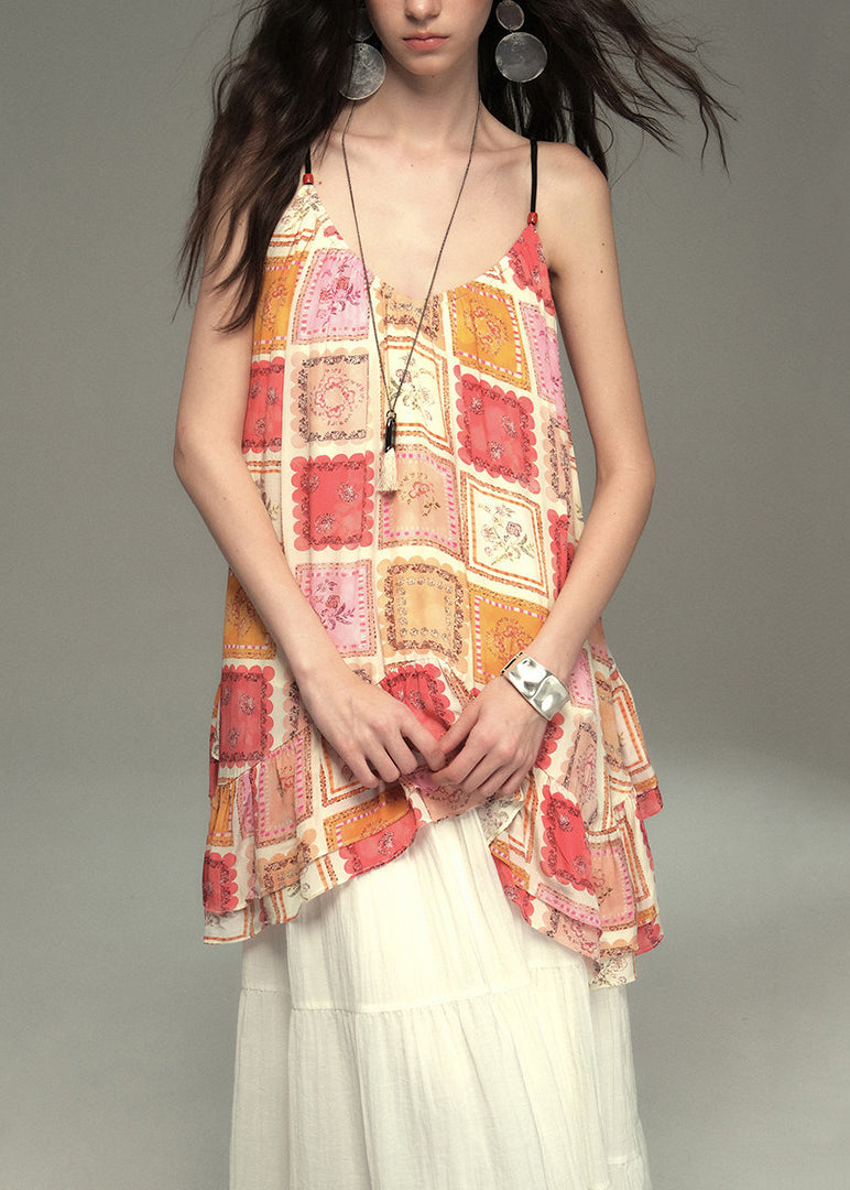 Khaki Oversized Print Cotton Vests Summer