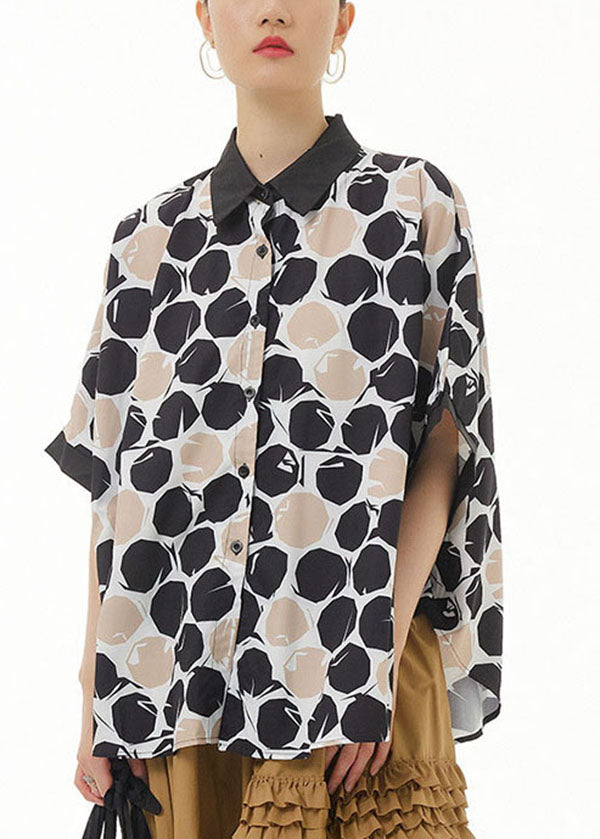 Khaki Peter Pan Collar Print Cotton Shirts Top Summer