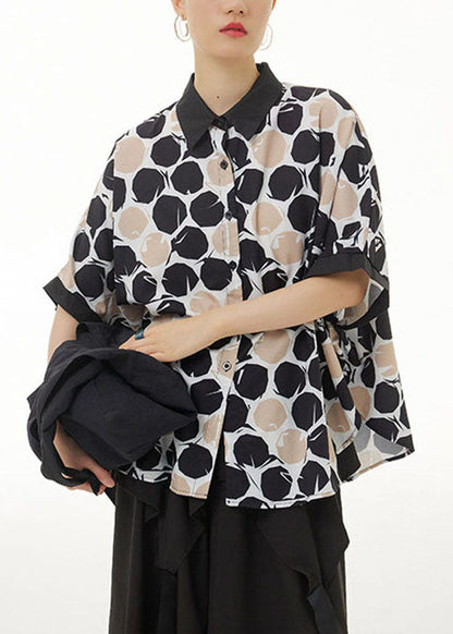 Khaki Peter Pan Collar Print Cotton Shirts Top Summer