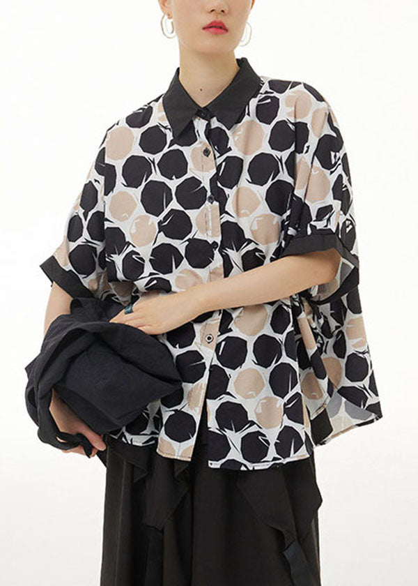 Khaki Peter Pan Collar Print Cotton Shirts Top Summer