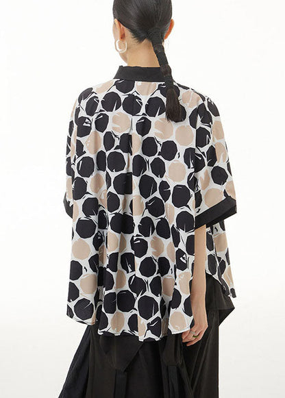 Khaki Peter Pan Collar Print Cotton Shirts Top Summer