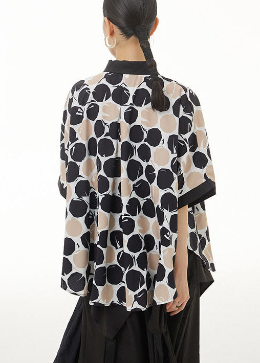Khaki Peter Pan Collar Print Cotton Shirts Top Summer