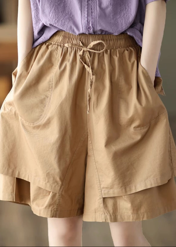 Khaki Pockets Patchwork Elastic Waist Cotton Shorts Summer