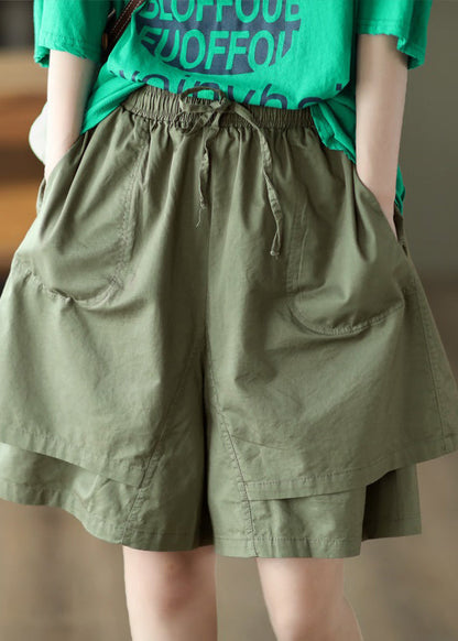 Khaki Pockets Patchwork Elastic Waist Cotton Shorts Summer