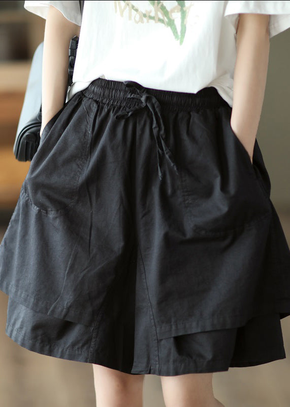 Khaki Pockets Patchwork Elastic Waist Cotton Shorts Summer
