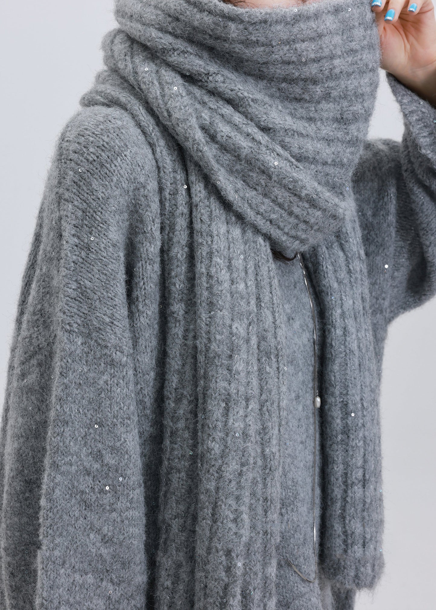 Khaki Sequins Warm Wool Knit Cozy Scarf