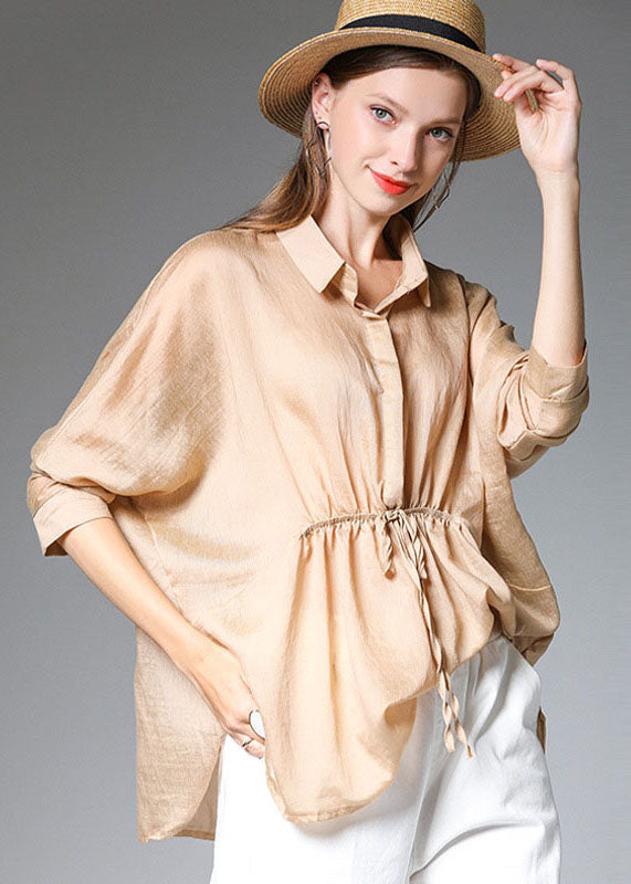 Khaki Peter Pan Collar Drawstring Silk Shirt Tops Long Sleeve