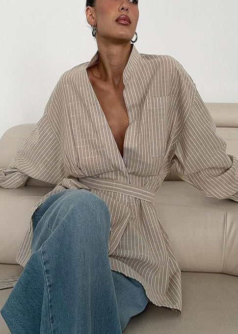Khaki Striped Linen Tunic Shirt Top Fall