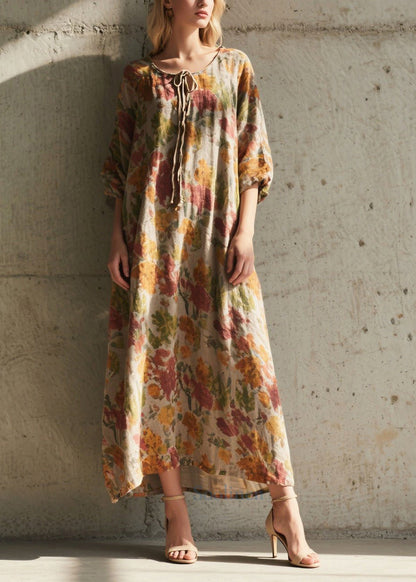 Khaki Tie Neck Print Cotton Holiday Dress Summer