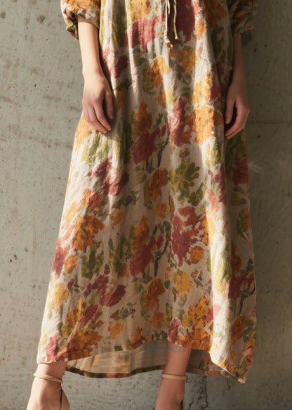 Khaki Tie Neck Print Cotton Holiday Dress Summer