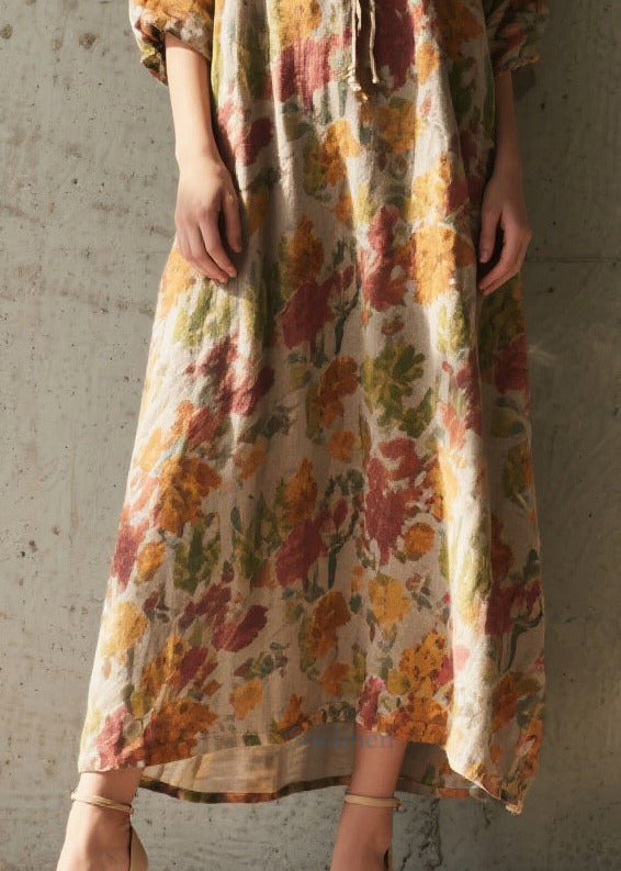 Khaki Tie Neck Print Cotton Holiday Dress Summer