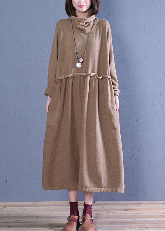 Khaki Turtle Neck Patchwork Knit Dresses Spring