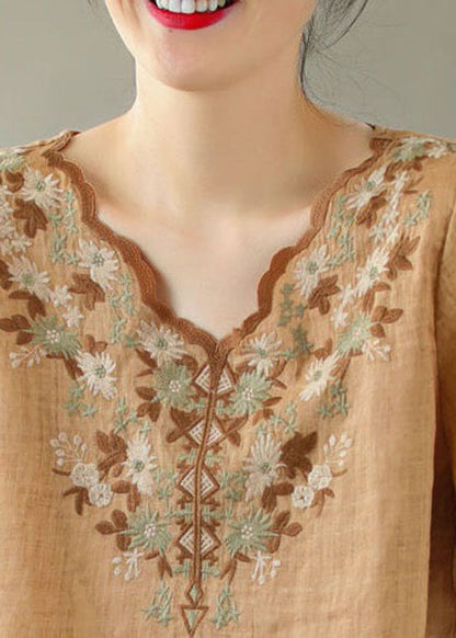 Khaki V Neck Embroideried Patchwork Linen T Shirt Summer