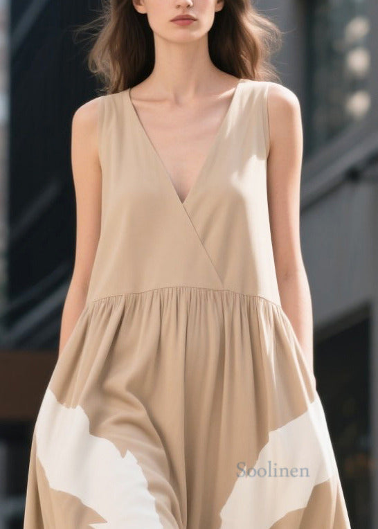 Khaki V Neck Print Cotton Ankle Dress Summer