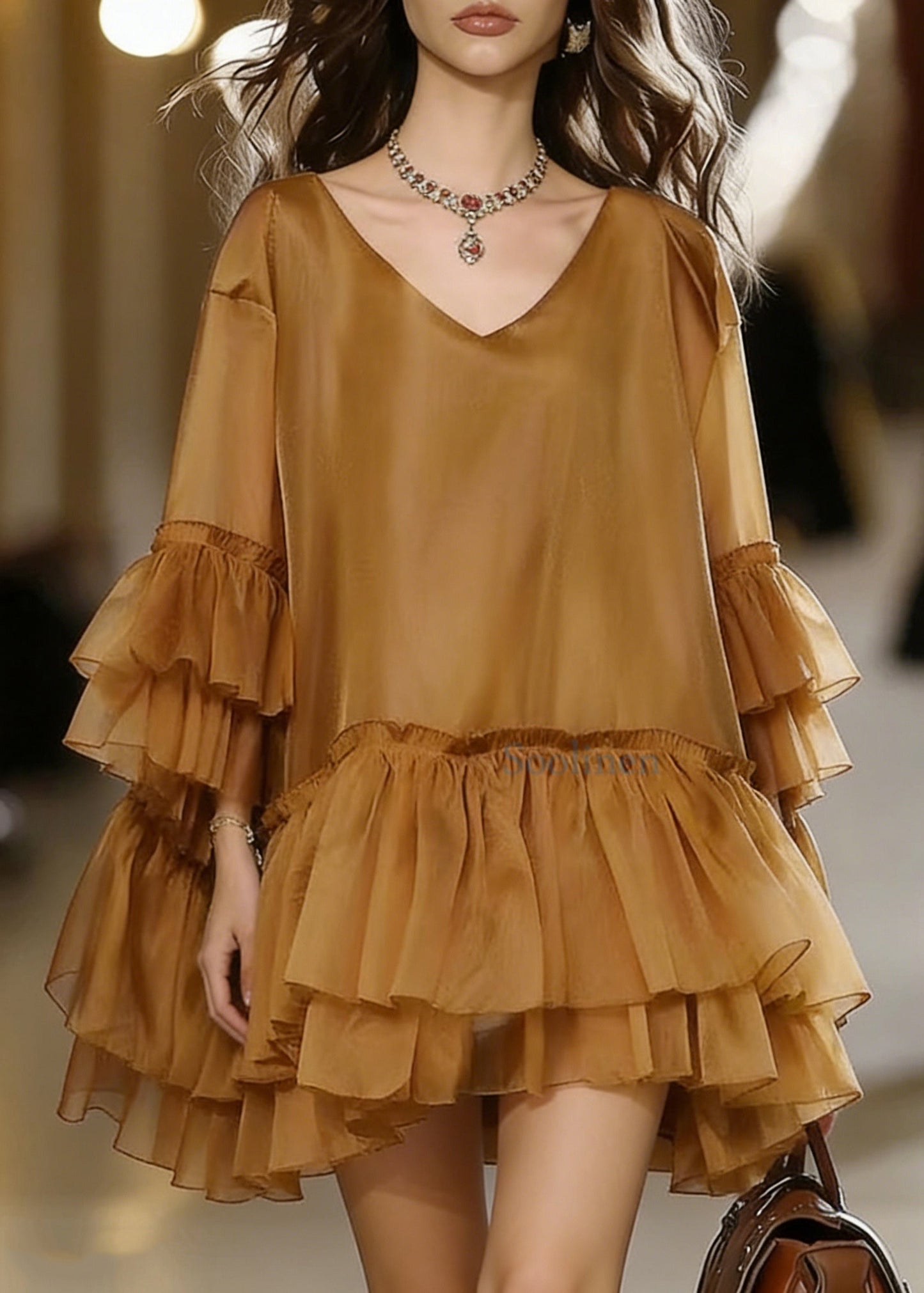 Khaki V Neck Ruffles Chiffon Mid Dress Summer