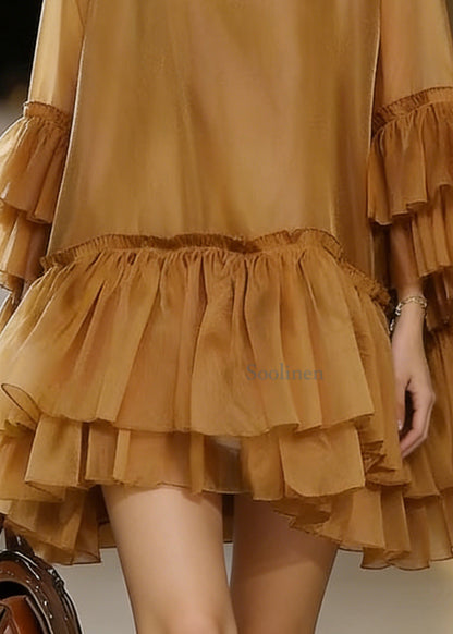 Khaki V Neck Ruffles Chiffon Mid Dress Summer