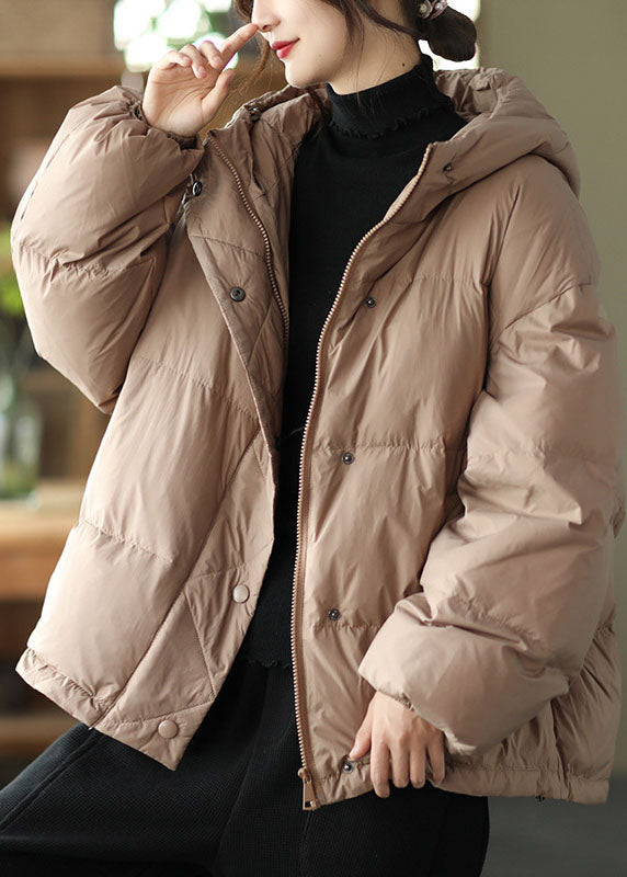 Khaki Hooded Zippered Pockets Loose Winter Down Coat