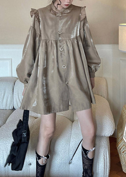 Laight Chocolate Stand Collar Patchwork Ruffled Wrinkled Button Mid Dress Long Sleeve