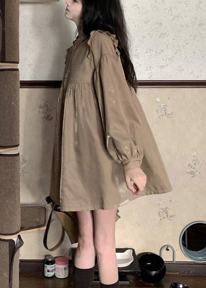 Laight Chocolate Stand Collar Patchwork Ruffled Wrinkled Button Mid Dress Long Sleeve