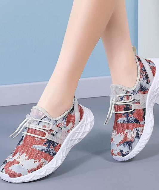 Lace Up Flat Shoes Red Print Knit Fabric