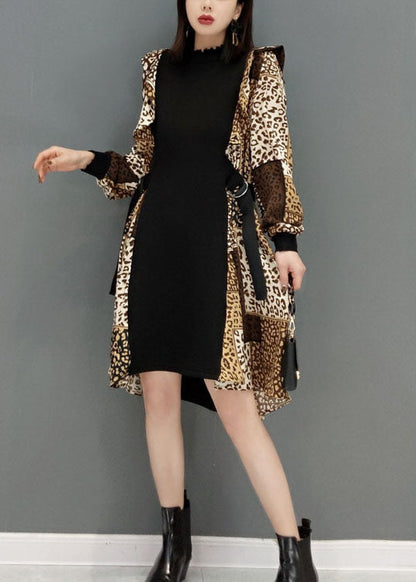 Leopard Print Tie Waist Patchwork Chiffon Dresses Spring