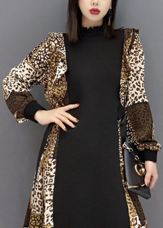 Leopard Print Tie Waist Patchwork Chiffon Dresses Spring