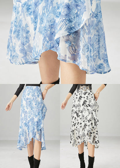Light Blue Asymmetrical Print Chiffon Skirt Summer
