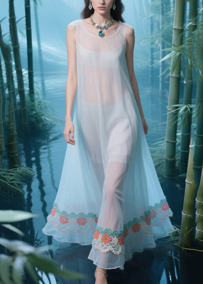 Light Blue Oversized Patchwork Tulle Sheer Dresses Summer