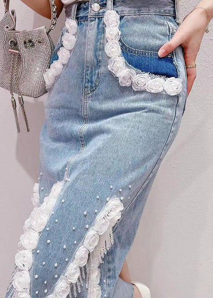 Light Blue Tassel Patchwork High Waist Deninm Skirt Summer
