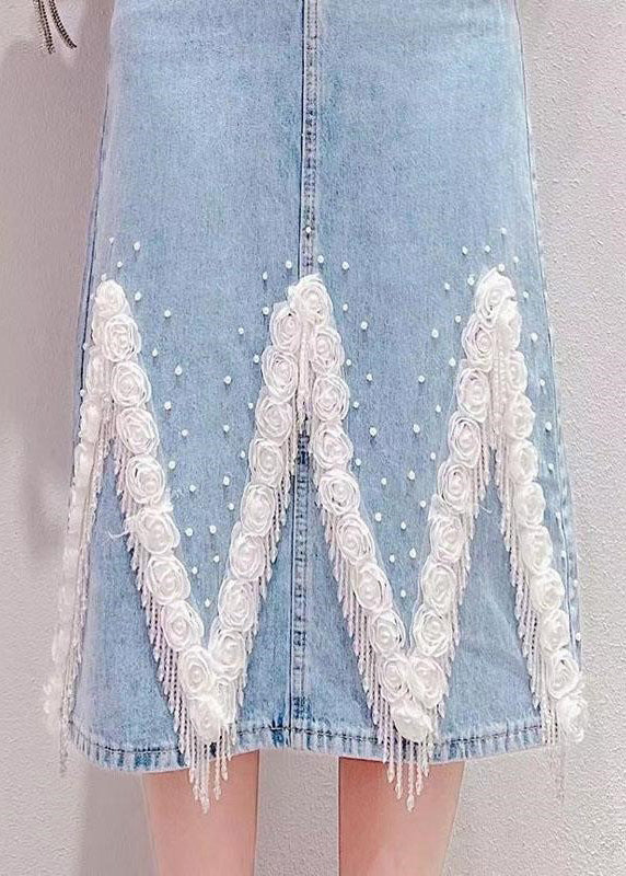 Light Blue Tassel Patchwork High Waist Deninm Skirt Summer