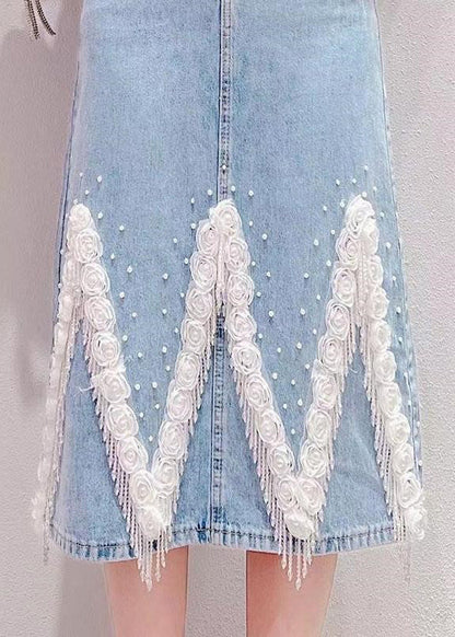 Light Blue Tassel Patchwork High Waist Deninm Skirt Summer