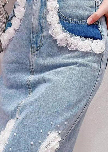 Light Blue Tassel Patchwork High Waist Deninm Skirt Summer