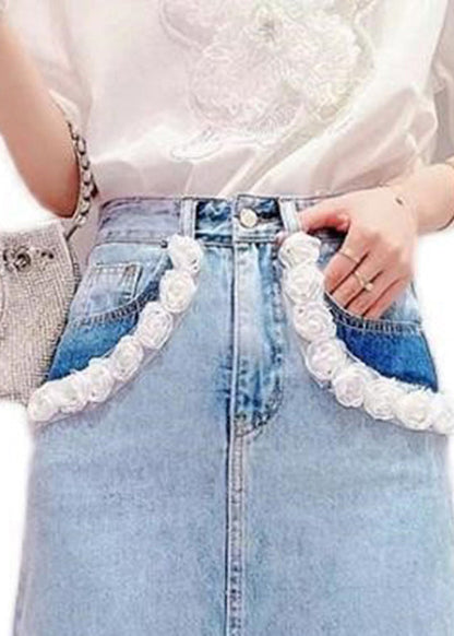 Light Blue Tassel Patchwork High Waist Deninm Skirt Summer