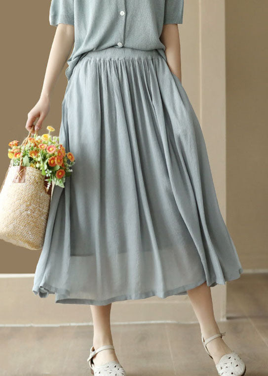 Light Blue Wrinkled Pockets Patchwork Cotton Skirts Summer